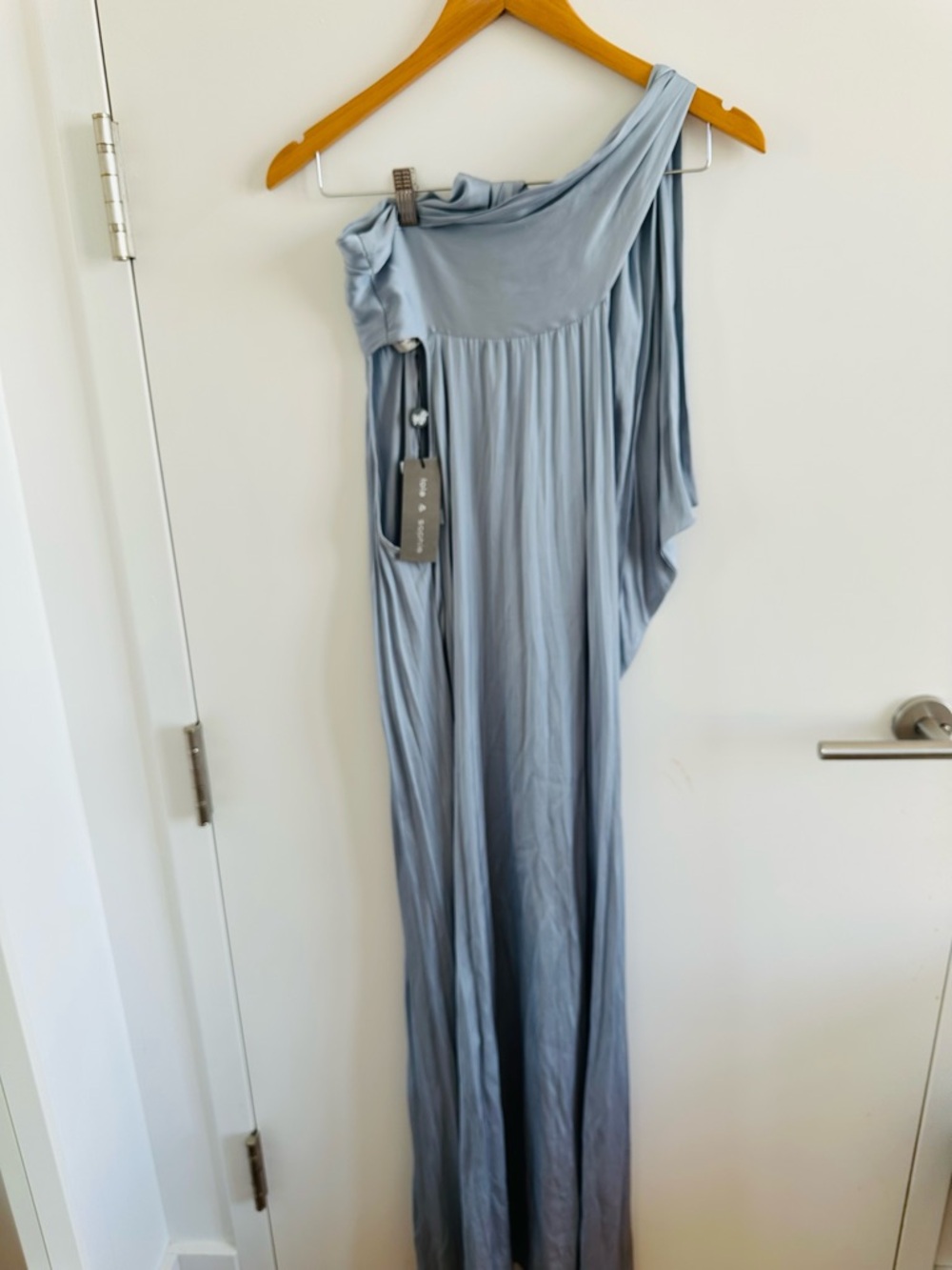 Lola & Sophie One-Shoulder Maxi Dress in Silk Feels Soft Steel Blue